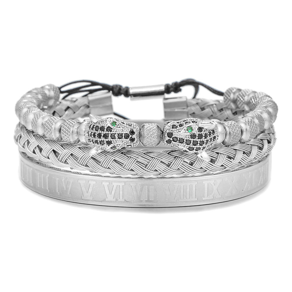 Wholesale Copper Micro-inlaid Zircon Double Leopard Head Black Onyx Woven Bracelet